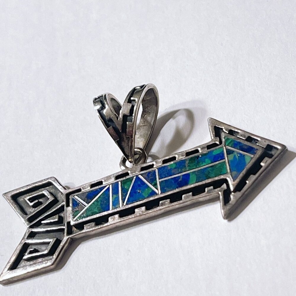 Sterling Silver Arrow Pendant With Blue & Green Stone Inlay Native American Styl
